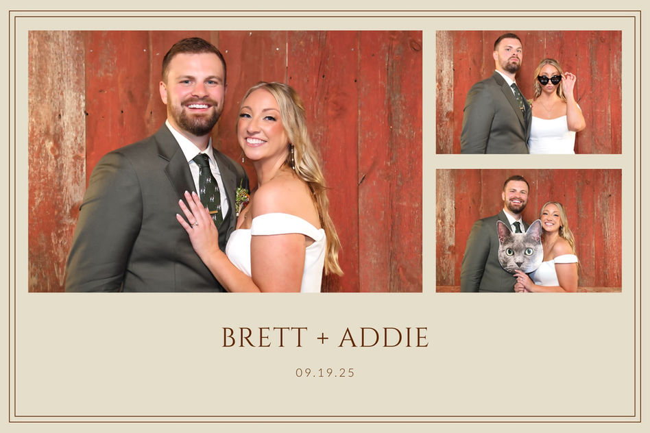 Brett and Addie's custom photo template: the couple in front of a rustic red barn wall