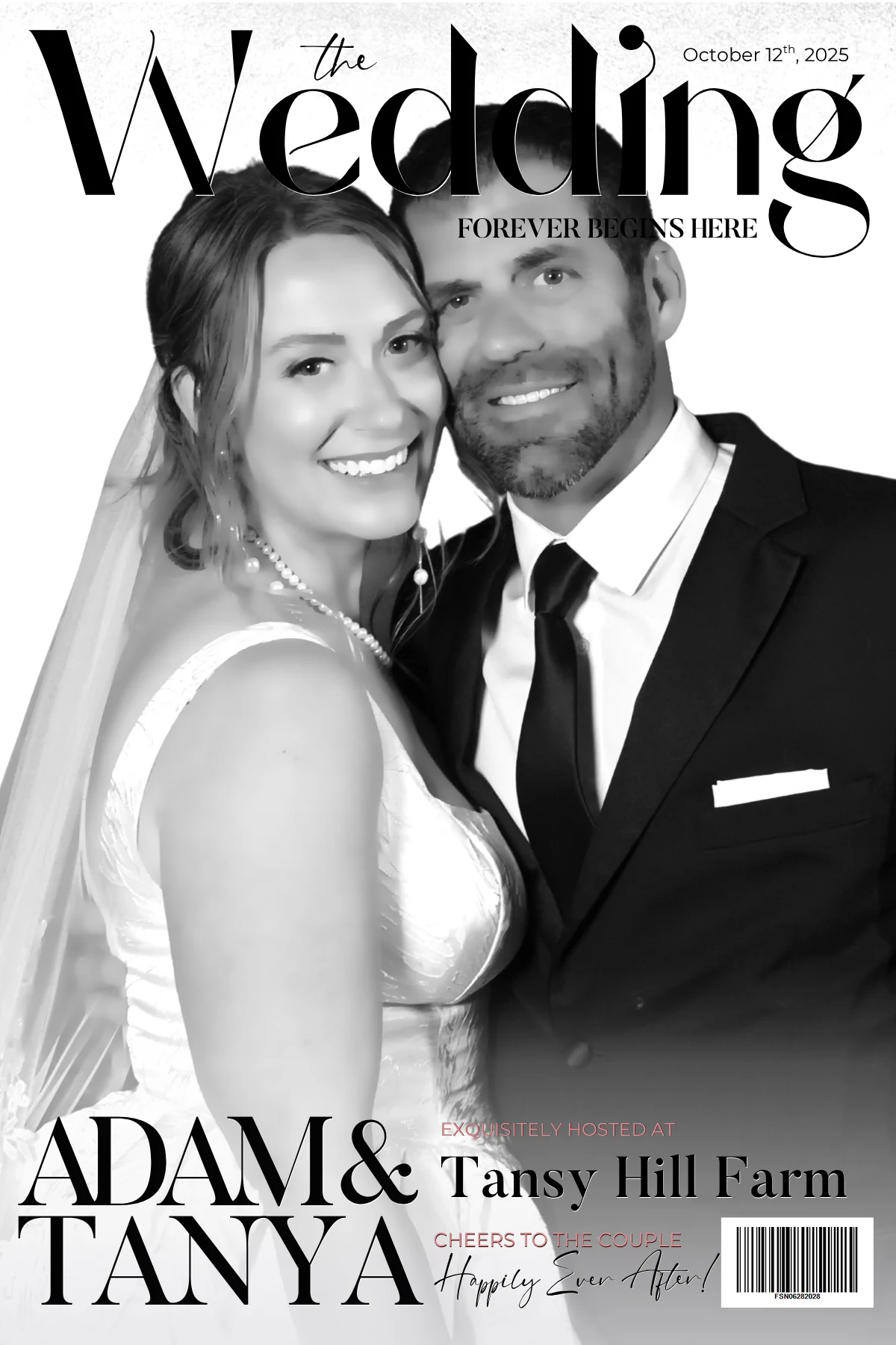 Bride and groom on a custom magazine-cover photo template