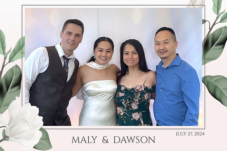 Close-up view of a custom photo template featuring a bride and groom's names and wedding date