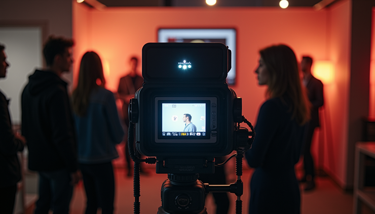 Eye-level view of a professional photo booth setup with high-end camera and touchscreen interface