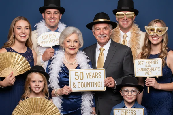 Family celebrating a 50th anniversary with props