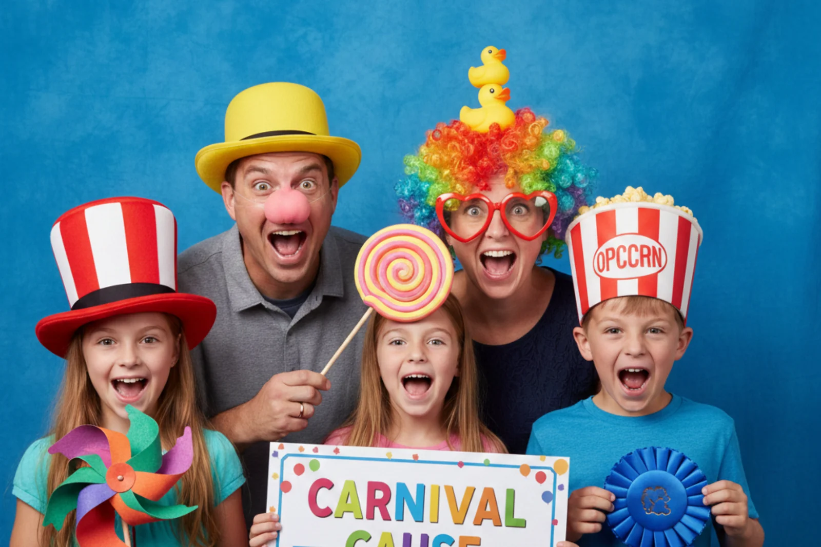 Family in carnival props at a school carnival