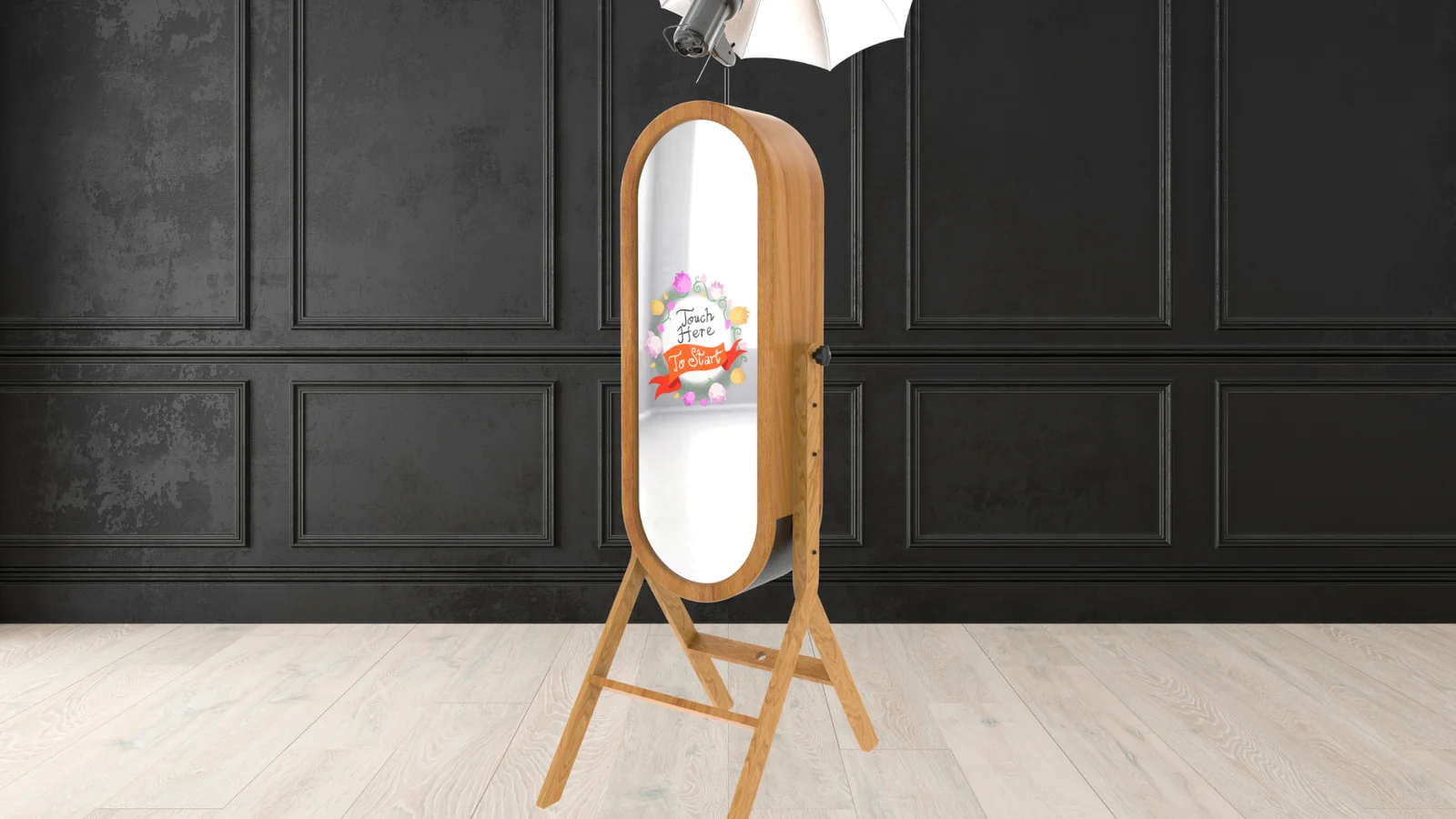 The Luxe Mirror lit by a studio umbrella against dark panelling