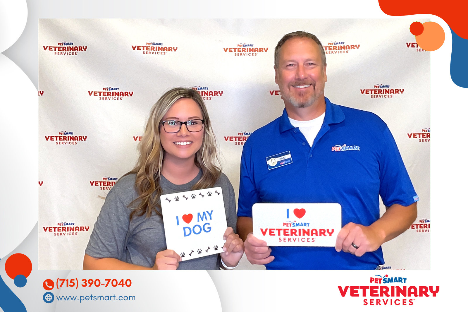 Veterinary clinic team with branded signs