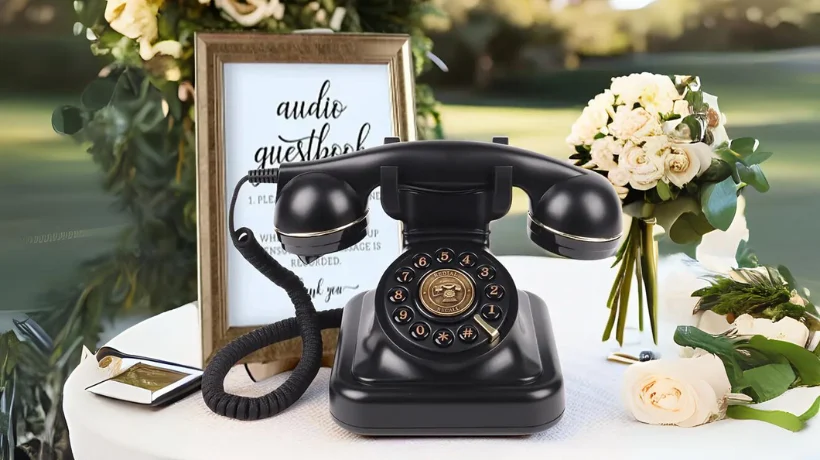 Vintage black rotary phone beside an audio guestbook sign and white flowers
