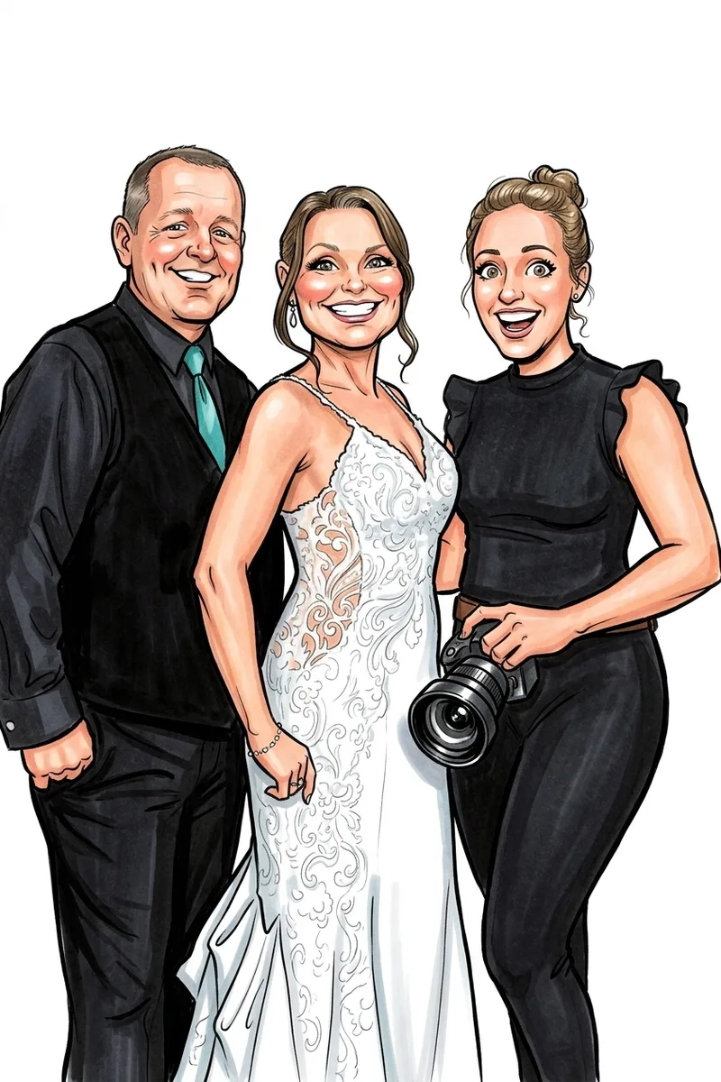 Caricature print of a bride between two guests, one holding a camera