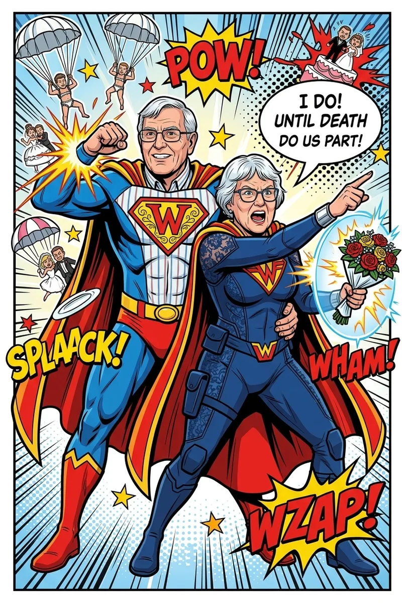 Comic-book print of a couple as superheroes