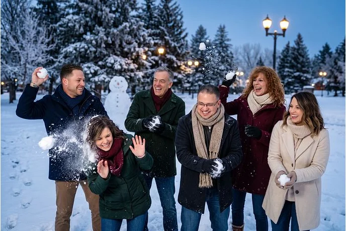 A group in a snowy park mid snowball fight