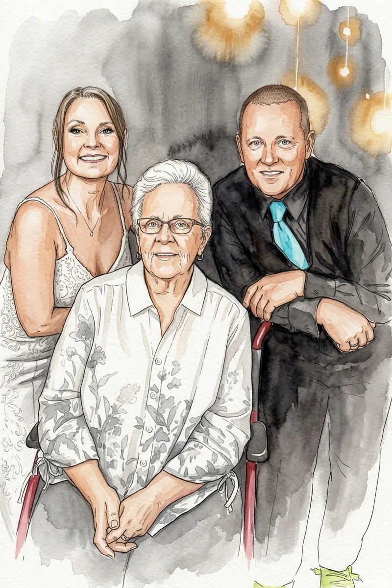 Watercolor print of a bride and groom with a grandmother