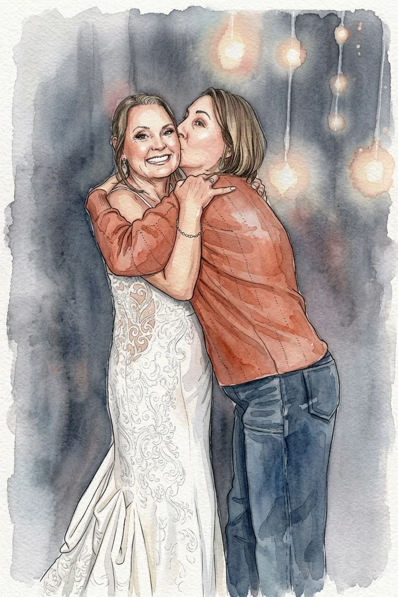 Watercolor print of a bride getting a kiss on the cheek