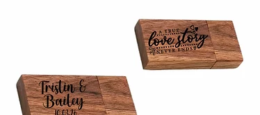 Wooden USB drives laser-engraved with a couple's names